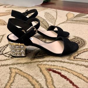 Black Sandals with Jewel-Encrusted Block Heel
